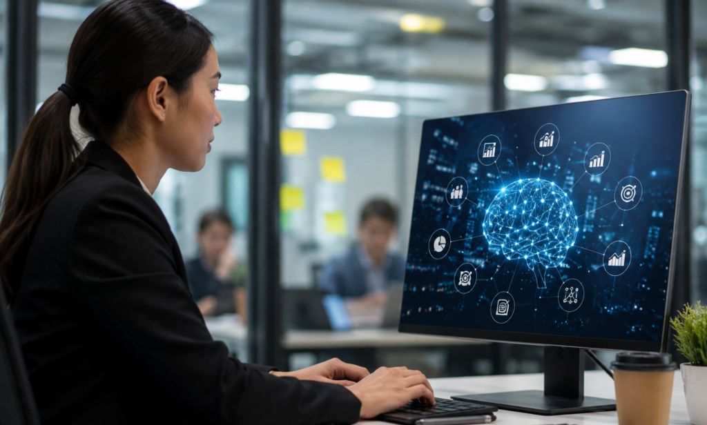 A woman analyzing data on a computer screen , illustrating why AI is important for business efficiency and growth.